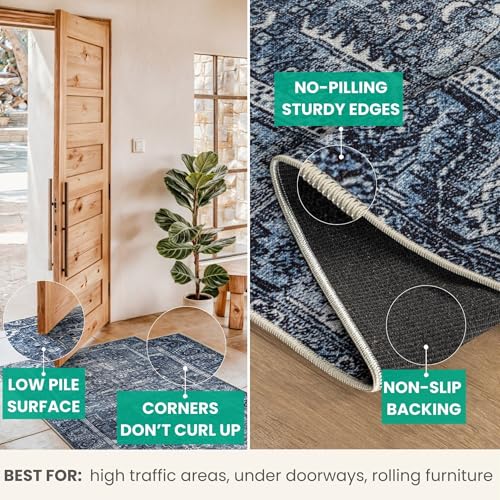 Bloom Rugs Washable Non-Slip 2' x 3' Rug - Blue Traditional Oriental Area Rug for Living Room, Bedroom, Dining Room, and Kitchen - Exact Size: 2' x 3' - color: Blue, size: 2' x 3' (Rectangular)