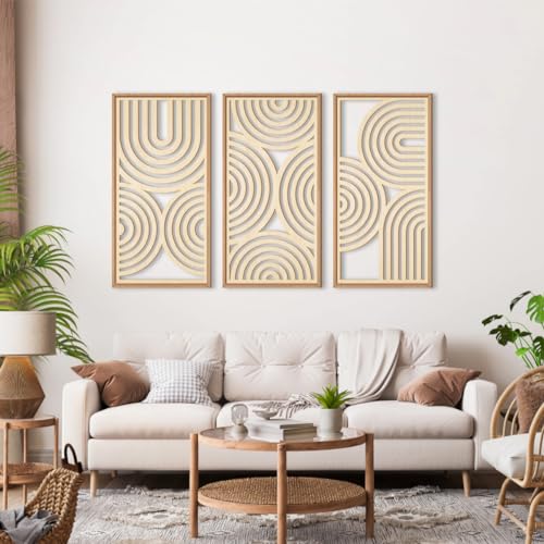 IARTTOP Large Boho Wood Wall Art Set of 3 Framed Wooden Mid-century Modern Wall Decor Minimalist Modern Abstract Geometric Decor for Living Room Bedroom Office-16x32 Inch - color: Beige Boho, size: 16 x 32 inches