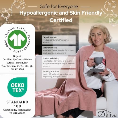 Dalisa 100% Organic Turkish Cotton Throw Blanket - GOTS Certified, Cozy - Perfect for Couch, Bed, and Home Decor - Boho Vintage Knit Alina (Pink, 50x60) - color: Pink, size: 50x60
