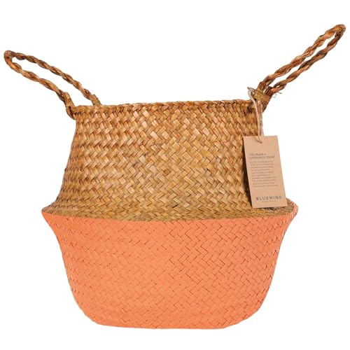 Blueming Large Wicker Planter Basket – 12 Inch Seagrass Plant Pot in Boho Orange for Olive Trees, Faux Plants, or Indoor Decor, Woven Baskets Basket for Living Room or Modern Home Styling - color: Orange, size: Large