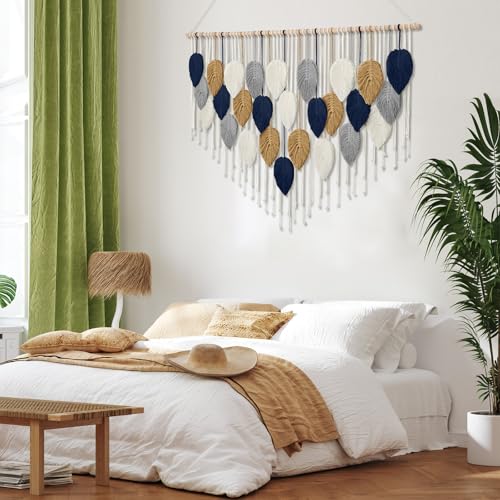 Macrame Wall Hanging, Boho Handmade Woven Leaf Tapestry, Chic Wall Art Decor for Bedroom Living room Nursery Apartment Ornament (51.5" W x 33.5" L) - color: Dark Blue-51.5"W x 33.5"L