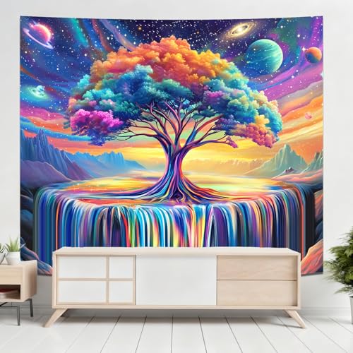Alened Blacklight Tree of Life Tapestry for Bedroom,Space Galaxy Aesthetic Wall UV Reactive Tapestries, Colorful Starry Sky Wall Hanging psychedelic Waterfall Tapestry (60'' x 79'') - color: Black Waterfall Tapestry, size: 79"L x 60"W