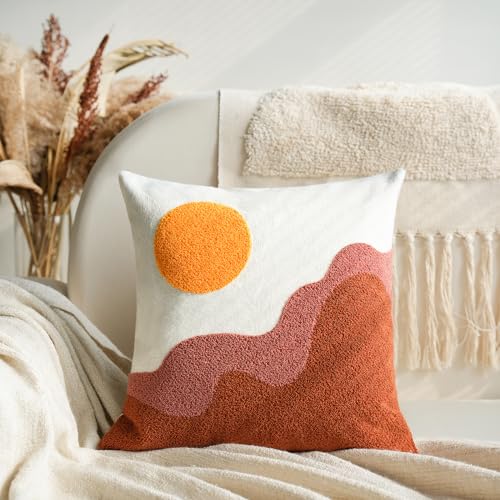 Tufted Boho Textured Accent Throw Pillow Covers 18x18,Soft Mid Century Decorative Art Minimalist Geometric Sun Throw Pillowcases for Couch Sofa Bedroom Living Room,1PC - color: Brown，yellow