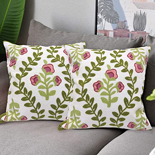 Alysheer Floral Embroidered Summer Decorative Throw Pillow Covers 18"x 18" Set of 2, Farmhouse Cottage Pink Flowers Green Leaves Knit Pattern Cotton Canvas Cushion Case for Sofa Couch Bed Living Room - color: Pink, size: 18" x 18" (Pack of 2)