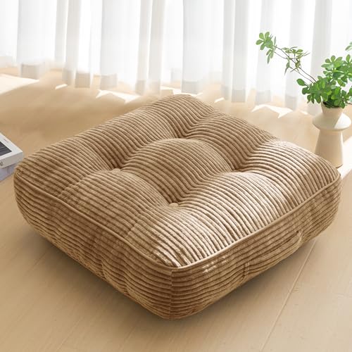 HIGOGOGO 6" Extra Thick Floor Pillow Cushion for Adults, Meditation Cushion Pillow, Large Square Floor Sitting, Tufted Corduroy Cover, for Tatami Living Room or Yoga, 22x22 Inch, Coffee - color: Square Coffee, size: 6" Thick(Pack of 1)