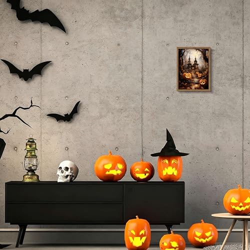 Framed Vintage Halloween Wall Art - Spooky Haunted House Canvas Print, Gothic Halloween Wall Decor, Fall Pumpkin Picture Painting for Living Room Bedroom Home, 8x10in Wood Frame - color: Magic Castle, size: 10"L x 8"W