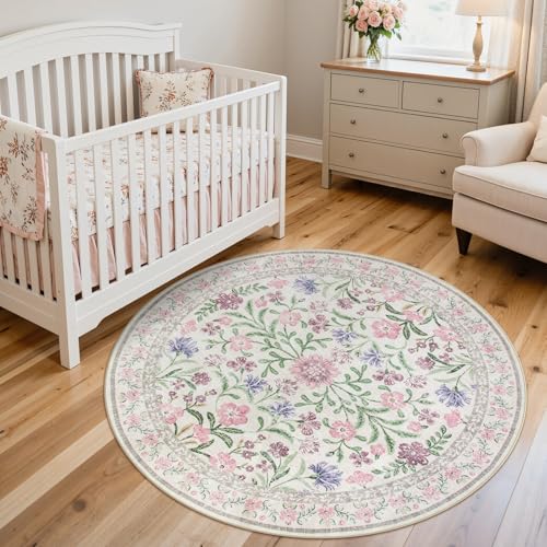 Lahome Sylvie Light Purple 4 ft Round Accent Rug, Small Circular Soft Mat for Nursery & Reading Nook, Machine Washable Low Pile Carpet for Cozy Self-Care Retreat Decor - color: Pale Lilac, size: 4' (Round)