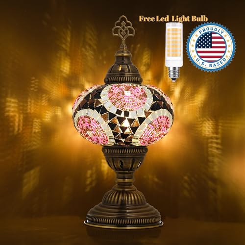 Turkish Lamp, Mosaic Table Lamp, Antique Moroccan Decorative Glass Bohemian Vintage Lamp Shade, Small Desk Tiffany Bedside Stained Glass Lamp with US Plug and E12 Socket - color: Purple-12