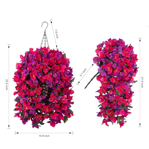Bougainvillea Artificial Hanging Fake Flowers with Basket for Outdoors Decoration, Faux Silk Flowers UV Resistant Fake Plants Long Vines Realistic for Outside Front Door Porch Patio, Fuchsia Hotpink - color: Fuchsia Hotpink