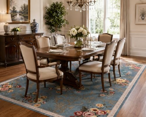 Helthep 5 * 7 Blue Floral Washable Rug, Vintage Area Rug with Non-Slip Backing, Soft Low Pile Floral for Living Room Bedroom Dining Room Home Office, Pet Friendly Easy Care Rug - color: Blue, size: 5' x 7' (Rectangular)