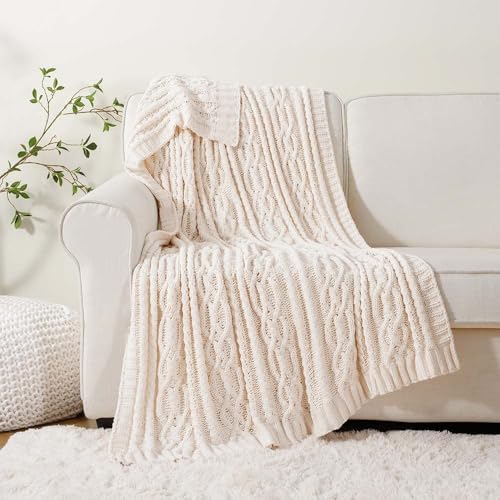 Battilo Cream White Ivory Throw Blanket for Couch, 51x 67 Inch, Woven Chenille Knit Throw Blanket for Chair, Super Soft Warm Decorative Textured Throw Blanket for Bed, Sofa and Living Room. - color: Ivory