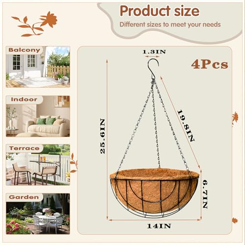 14 inch Metal Hanging Baskets For Plants Outdoor 4 Pack Round Metal Wire Hanging Basket Planter with Coco Fiber Liners Plant Holder for Garden, Patio, Deck, Porch Plants Flower Potss Outdoor(Grid) - size: 14 Inch, style: Grid