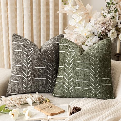 Home Décor Decorative Boho Accent Chenille Throw Pillow Covers, Textured Neutral Cushion Covers, Soft Farmhouse Pillowcase for Couch Sofa Bed Living Room, 18×18 Inch, Set of 2, Olive Green - color: Olive Green, size: 18" x 18" (Pack of 2)