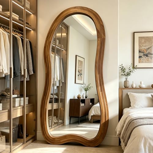 Irregular Full Length Mirror, 71"x33.5" Oversized Organic Floor Mirrors with Triple-Layer Solid Wood Frame, Asymmetrical Full Body Mirror for Living Room Entryway Hallway, Leaning/Hanging - color: Natural, size: 71"L x 33.5"W