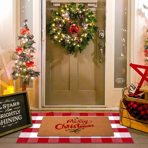 Christmas Red and White Plaid Rug, 28 x 43 Inches Cotton Hand-Woven Layered Door Mat for Front Porch, Entryway, Outdoor Holiday Decor, Washable Buffalo Check Rug for Home, Patio, Kitchen - color: Red & White Plaid, size: 2'4" x 3'7" (Rectangular)