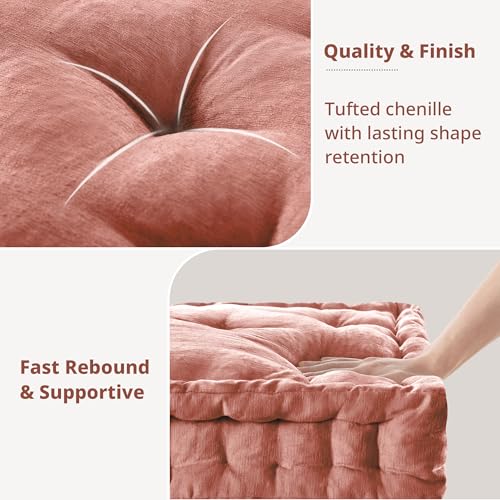Intelligent Design Floor Pillow - Shredded Foam Filled Meditation & Yoga Cushion, Chenille Tufted, Handsewn Scalloped Edge, Oeko-TEX Certified, Azza, 20" x 20" x 5" Dusty Peach - color: Dusty Peach