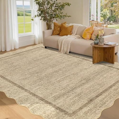 GarveeHome Scalloped 3x5 Area Rug Washable Rug for Entryway, Super Soft Entryway Rug Non-Slip, Printed Faux Wool Floral 3x5 Area Rug Thin Floor Carpet for Kitchen, Bedroom, Office, Living Room - color: Jute, size: 3' x 5' (Rectangular)