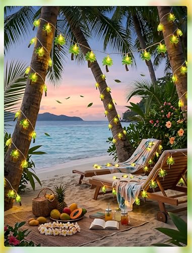 Palm Tree String Lights Outdoor, Summer Beach Themed Decoratives String Lights with 10 Palm Tree Patio Light, Plug in Indoor Fairy Lights for Outdoor Indoor Beach Tropical Party Bedroom Birthday Decor - color: Green Palm Tree Lights