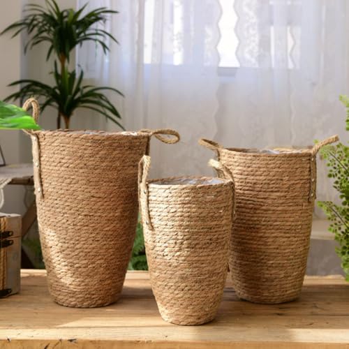 Toyvian Large Woven Plant Basket Boho Straw Flower Pot Indoor Outdoor Decorative Planter for Living Room with Handwoven Rattan Design