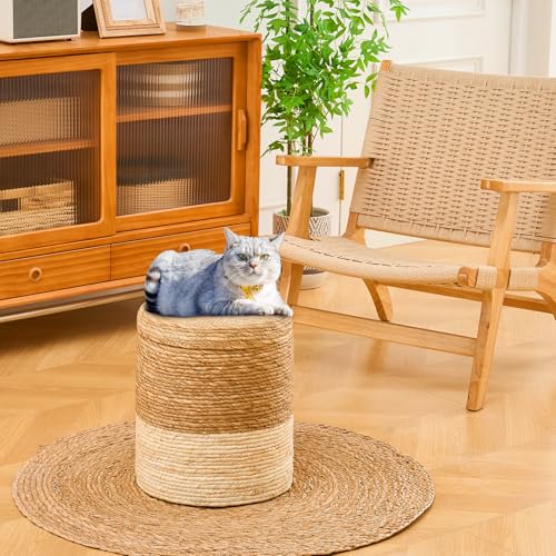 Wimarsbon Storage Pouf Ottoman, Hand Weaving Natural Straw Foot Stool, Bohemian Round Patio Ottomans, Rustic Lounge Pouffe, Outdoor Extra Seat for Garden (14inch Cattail+Beige Corn Husk L) - color: 14inch Cattail+beige Corn Husk L