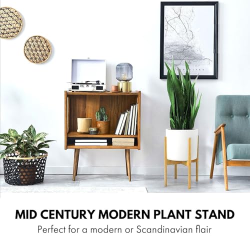 Fox & Fern Adjustable Plant Stand Indoor — 8 to 12 Inch Mid Century Bamboo Plant Stand with Adjustable Width - Plug In Design - Easy to Assemble - Two Heights - For 8, 9, 10, 11 & 12 Inch Pots - color: Polished Bamboo - Tall, size: 8 - 12 Inch - Adjustabl