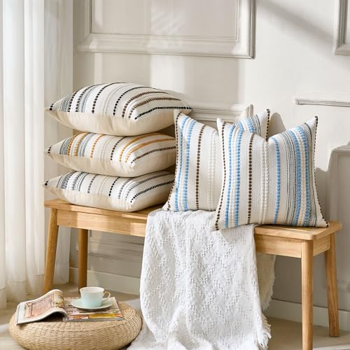 Boho Throw Pillow Covers 18x18 Farmhouse Decorative Accent Textured Accent Pillows Woven Cushion Cases - White and Brown Striped Throw Pillowcase Bohemian Pillow Covers for Couch Bed Living Room - color: Brown, size: 18" x 18" (Pack of 2)