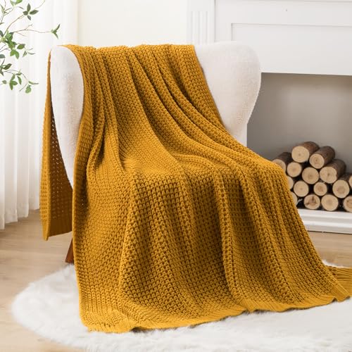 Bunnikins & Clover Knitted Waffle Throw Blanket 50x60 Inches, Mustard Yellow Throw Blanket for Couch, Soft Cozy Chenille Knit Blanket Warm Decorative Throw for Sofa - color: Mustard, size: 50"x60"