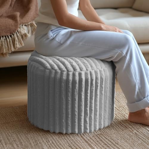 Round Stuffed Pouf Ottoman, Stripe Faux Fur Footrest, Solid Block Support+Soft Cushion Comfort, Removable Washable Cover, 20" Floor Pouf for Living Room Bedroom Dorm Vanity Under Desk, Gray - color: Grey