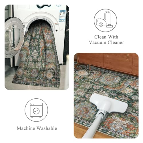 RUGSURE Washable Area Rugs - Perfect for Living Room, Bedroom, Kids Room, Nursery - Stain & Water Resistant Non-Slip, Pet & Child Friendly, Vintage Tribal Area Rugs (Green, 4' x 6') - color: Green, size: 4' x 6' (Rectangular)