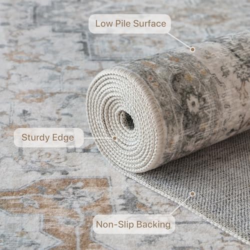 GENIMO 5X7 Area Rugs for Living Room, Machine Washable Non Slip Vintage Area Rugs, Low Pile Lightweight Print Rug for Bedroom, Dining Room, Home Office, Light Taupe Brown - color: Taupe, size: 5' x 7' (Rectangular)