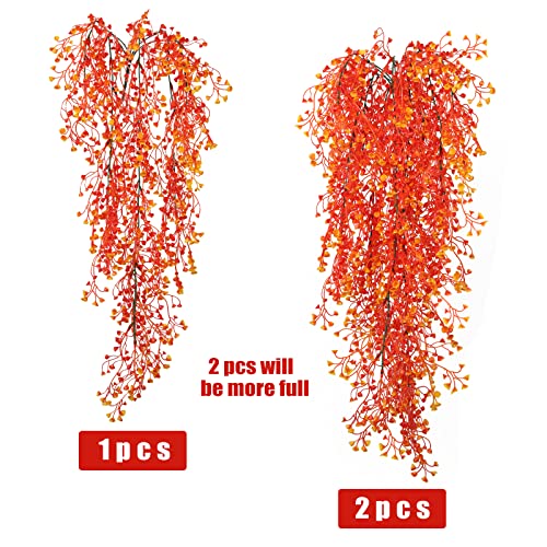 RECUTMS Fall Faux Hanging Plants 4 Pcs Artificial Fall Plants Large Faux Hanging Plant Autumn Fall Hanging Vines Wall Plants Thanksgiving Home Garden Wedding Party Indoor Outdoor Decor(Orange 4P) - color: 4p-orange