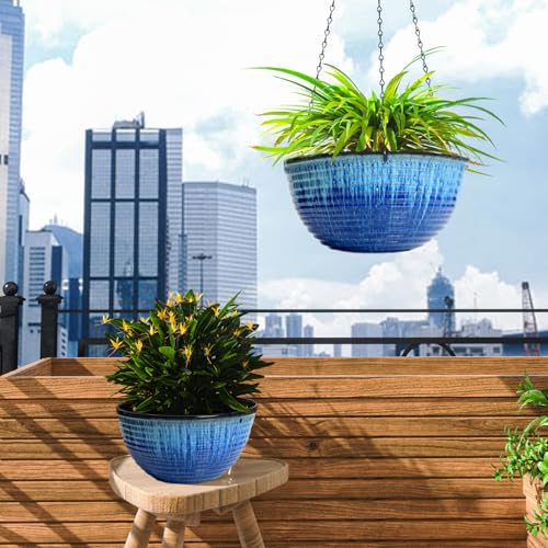 Vanslogreen 2 Pack Hanging Planters for Indoor Outdoor Plants, 10 Inch Hanging Planter with Drainage Hole & Plug Glazed Hanging Baskets Flower Pots for Garden Home (Blue Flow Glaze) - color: Blue Flow Glaze, size: 10inch