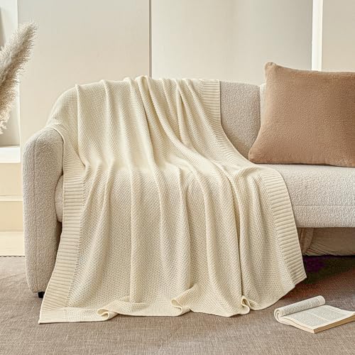 Simple&Opulence 100% Cotton Throw Blanket, Solid Color Cable Knitted Blanket Super Soft Comfortable Breathable Decorative Farmhouse for Couch Sofa Bed, All Season Use(White,50x60) - color: White, size: Throw 50x60"