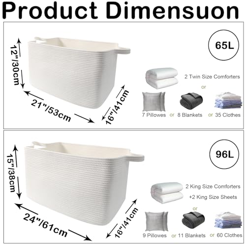 96L Large Blanket Basket,24"x16"x15"Rectangle Storage Bin with Handles,Woven Rope Laundry Basket for Toys, Clothes,Magazines,Home Organization,Nursery,Living Room & Bedroom,White - color: White, size: 24"x16"x15"(96L)