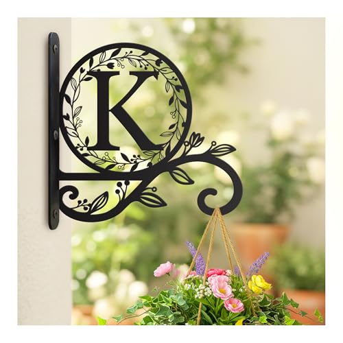 Metal Initial Letter K Plant Hanger Bracket, Decorative Wall Mount Hanging Plant Hook, Monogram Floral Leaf Garden Decor for Hanging Baskets, Bird Feeders, Lanterns, Wind Chimes - style: K