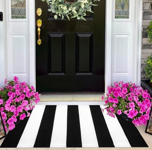 Black and White Striped Rug Doormat 24"x35" Washable Front Porch Rug Farmhouse Layered Door Mats Outdoor - color: Black White, size: 2' x 3' (Rectangular)