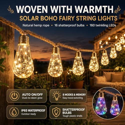 Boho Fairy String Lights Outdoor Backyard Solar String Lights LED for Garden Patio Porch Decor USB Waterproof Shatterproof Bulbs 8 Modes Edison Night Lamp Party Gift(17ft 20Lights,Warm Remote) - color: 17ft 20Lights, size: Warm Remote