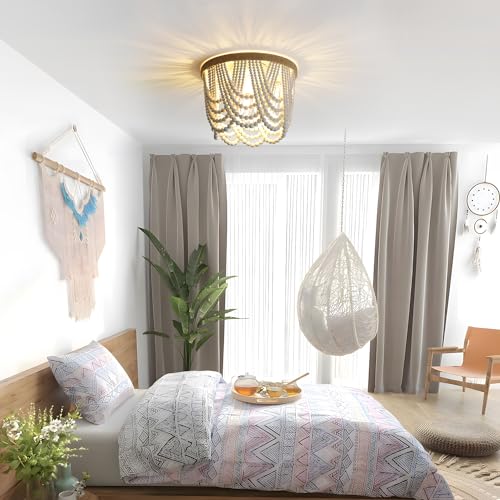Bohemian Wood Beaded Ceiling Lamp 3-Light – Antique Rustic Mini Chandelier with White Beads for Bedroom, Nursery, Girls' Room, Dining Room, Hallway Entryway - color: White