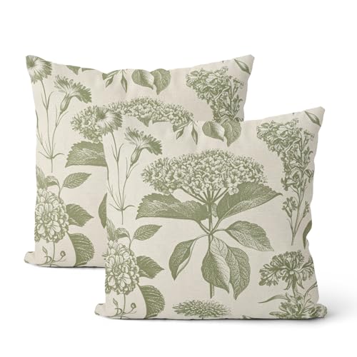 Sage Green Pillow Covers 16x16 Inch 2 Pcs Boho Vintage Floral Decor Throw Pillows Hydrangea Flower Seasonal Outdoor Farmhouse Neutral Accent Decoration Pillowcase Linen Cushion Cover for Sofa - color: Boho Sage Green Hydrangea, size: 16" x 16" (Pack of 2)