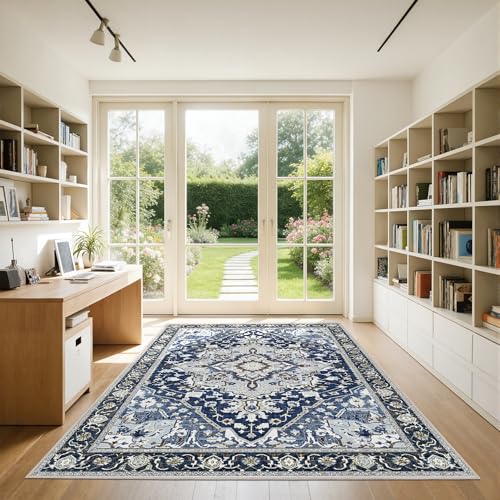 5x7 Blue Boho Area Rug Washable Non-Slip - Low Pile Farmhouse Living Room Bedroom Rug - Machine Washable Medium Indoor Carpet with TPE Backing, Vintage Easy Clean, Navy Blue Multi - color: Navy Blue& Multi, size: 5' x 7' (Rectangular)