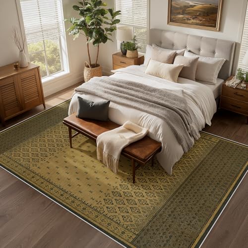 Joydeco Vintage Washable 6x9 Area Rugs for Bedroom, Brown Dining Room Rugs for Under Table Non Slip, Boho Geometric Ultra-Thin Soft Indoor Floor Throw Carpet for Living Dorm Farmhouse - color: Brown, size: 6' x 8'11" (Rectangular)
