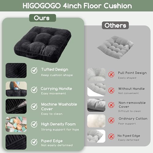 HIGOGOGO Floor Pillow Cushion for Adults, Meditation Cushion Pillow, Large Square Floor Sitting, Tufted Corduroy Cover, for Tatami Living Room or Yoga, 22x22 Inch, 2Pack, Black - color: Square Black, size: 4" Thick(Pack of 2)