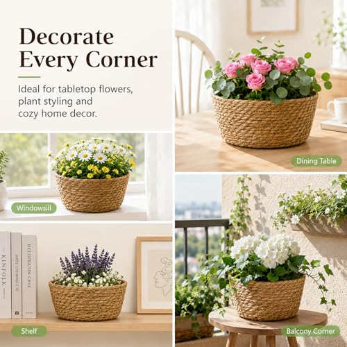 3 Pcs Natural Woven Planter Basket, Handwoven Grass Plant Basket Pot Cover, Round Decorative Storage Basket for Indoor Plants, Flower Pots, Desktop Organizer (3 Sets) - size: 3 Sets