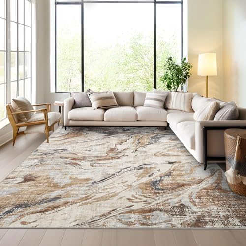 9x12 Abstract Oriental Style Area Rug, Elegant Vintage Thin Carpet, Delicate Decorative Design, Sophisticated and Beautiful for Living Room, Bedroom, Entryway, Office - Brown - color: Brown, size: 9' x 12' (Rectangular)
