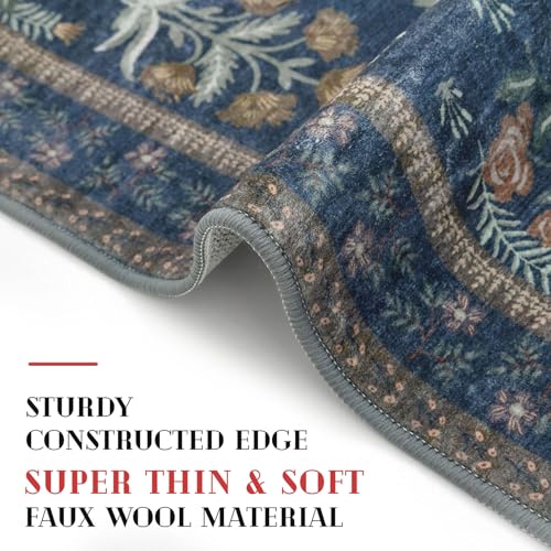Lansny Washable Entryway Rug 2x3, Navy Floral Kitchen Rug, Super Thin Faux Wool Small Area Rug, Boho Non-Slip Soft Carpet for Foyer, Bedroom, Office - color: Navy, size: 2' x 3' (Rectangular)