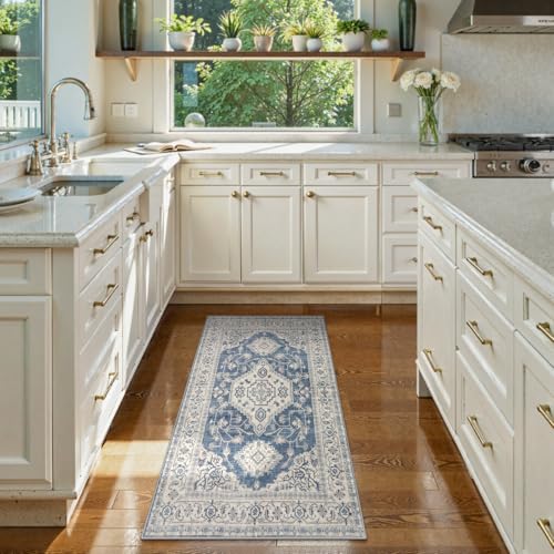 Lahome Oriental Washable Small Area Rug, 2x3 Rugs for Entryway Kitchen, Ultra-Thin Soft Indoor Door Mat Non Slip Throw Carpet for Bedroom Bathroom Eleanor, Blue - color: Blue, size: 2' x 3' (Rectangular)