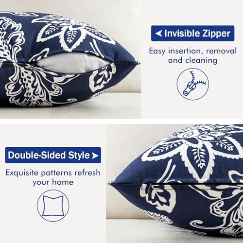 Decorative Outdoor Floral Pillow Covers Set of 2,Waterproof Boho Farmhouse Throw Pillows Summer Coastal Accent Pillowcases for Patio Furniture Garden Sofa 18x18 Inch, Navy Blue - color: Navy Blue