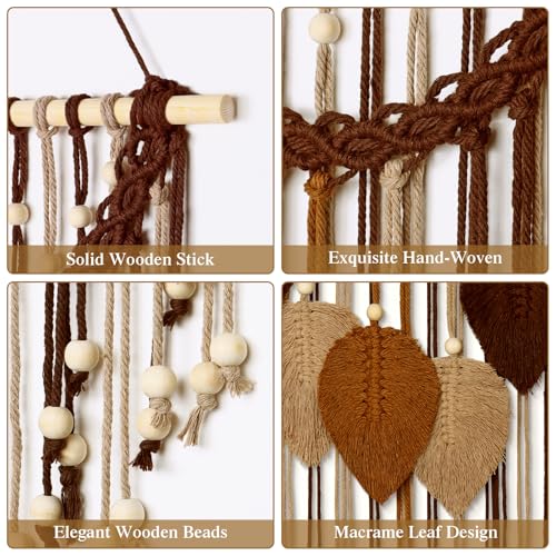 Weldomcor Macrame Wall Hanging Boho Leaf Woven Tapestry, Bohemian Chic Home Decor Modern Handmade Leaves Feather Wall Art Decorations for Bedroom Living Room Apartment Ornament 16.5"W X 31.5"L (Khaki Brown) - color: Khaki Brown