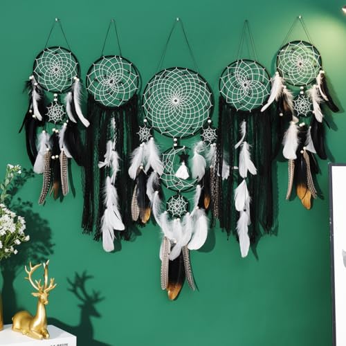 5 Pack Dream Catchers Boho Wall Decor Moon and Sun Feather Handmade Traditional Dream Catcher Wall Hanging Decor for Bedroom Living Room Home Halloween Decorations Witchy Gifts (Black Set) - color: Black