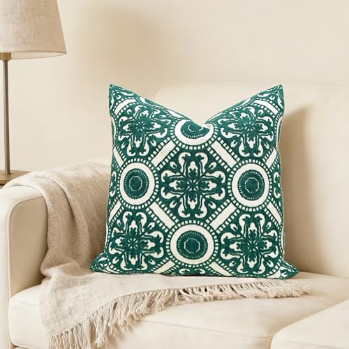 Slow Cow Embroidery Decorative Throw Pillow Cover Cushion Cover for Couch Sofa Bedroom Flower Pattern Pillowcase Accent Pillow Cover 18 x 18 Inches - color: Dark Green Kaleidoscope, size: 18" x 18" (Pack of 1)